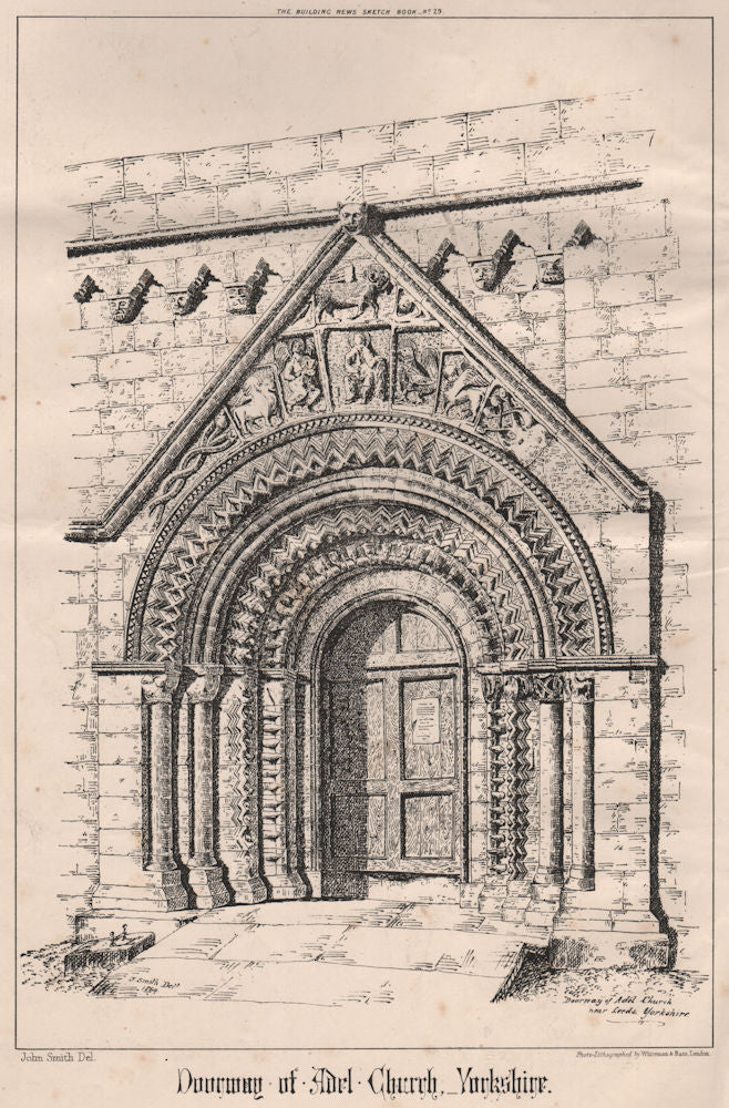 Doorway of Adel Church, Yorkshire 1870 old antique vintage print picture